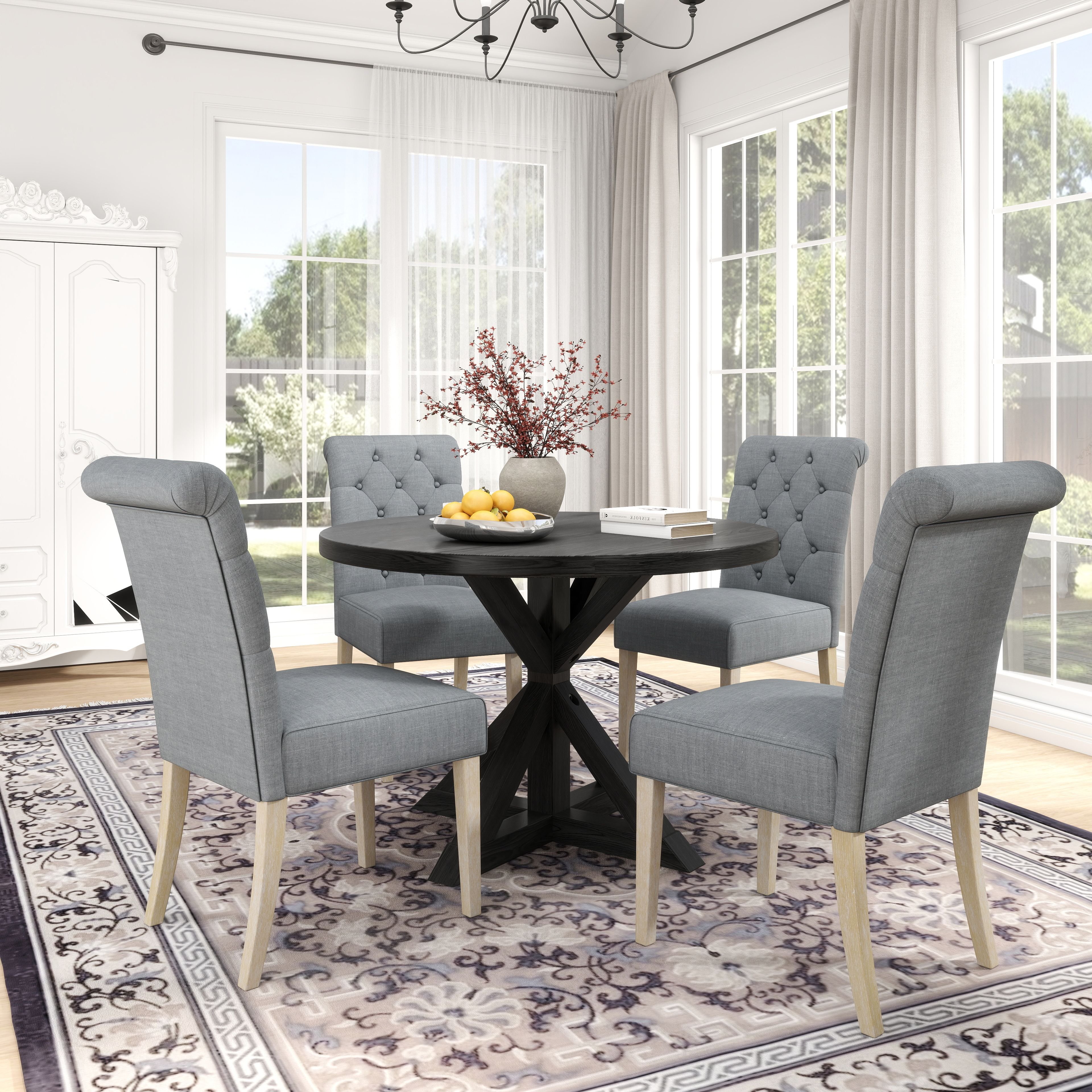 Banff 5-piece Dining Set, Cross-Buck Round Table with 4 Tufted Chairs, Gray