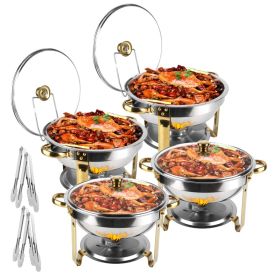 4Pcs Chafing Dish Buffet Set 4.76QT Round Buffet Servers Food Warmer Stainless Steel Catering Chafer With Glass Lid For Warming Cooling Gathering (Color: Silver)