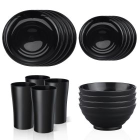 Black Dinnerware Set for 4, 16 Pack Plastic BPA-Free Dinner Plates, Salad Plates, Cereal Bowls, Cups, Unbreakable Plates and Bowls Sets (Pack: 1 Pack)